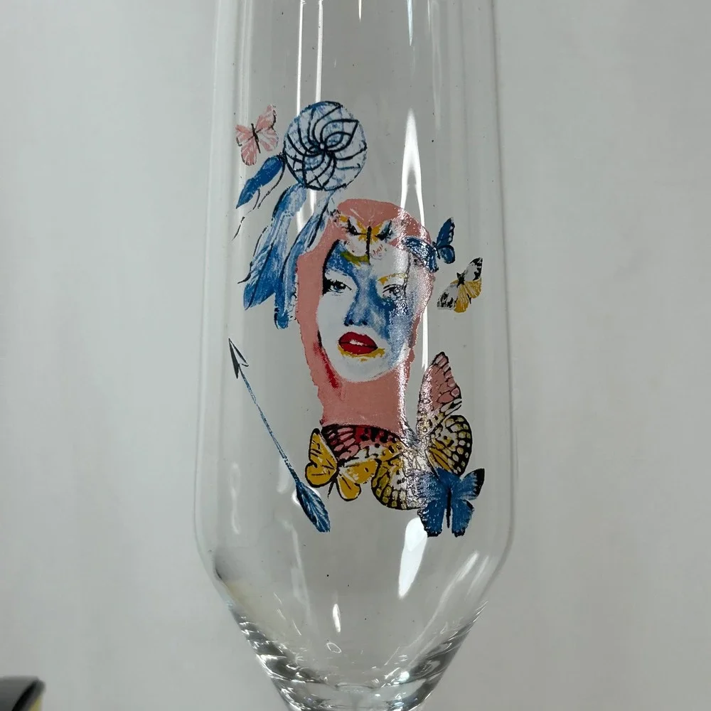 Carolina Gynning In‎ to the Future Champagne Flute Glass Art Face Butterfly